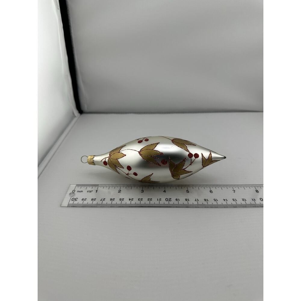 Vintage Hand Blown Glass Christmas Ornament Silver w/ Gold Leaves Berries 7" - Picture 4 of 5